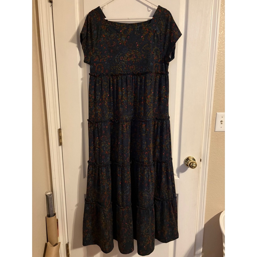 Natural Life Maxi Dress NWOT Small Navy Tiered Paisley Boho Square Neck Dress